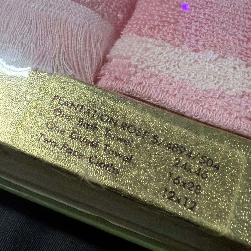 Vintage Martex 4pc Towel Set Pink Plantation Rose Fringed Cotton New Box
